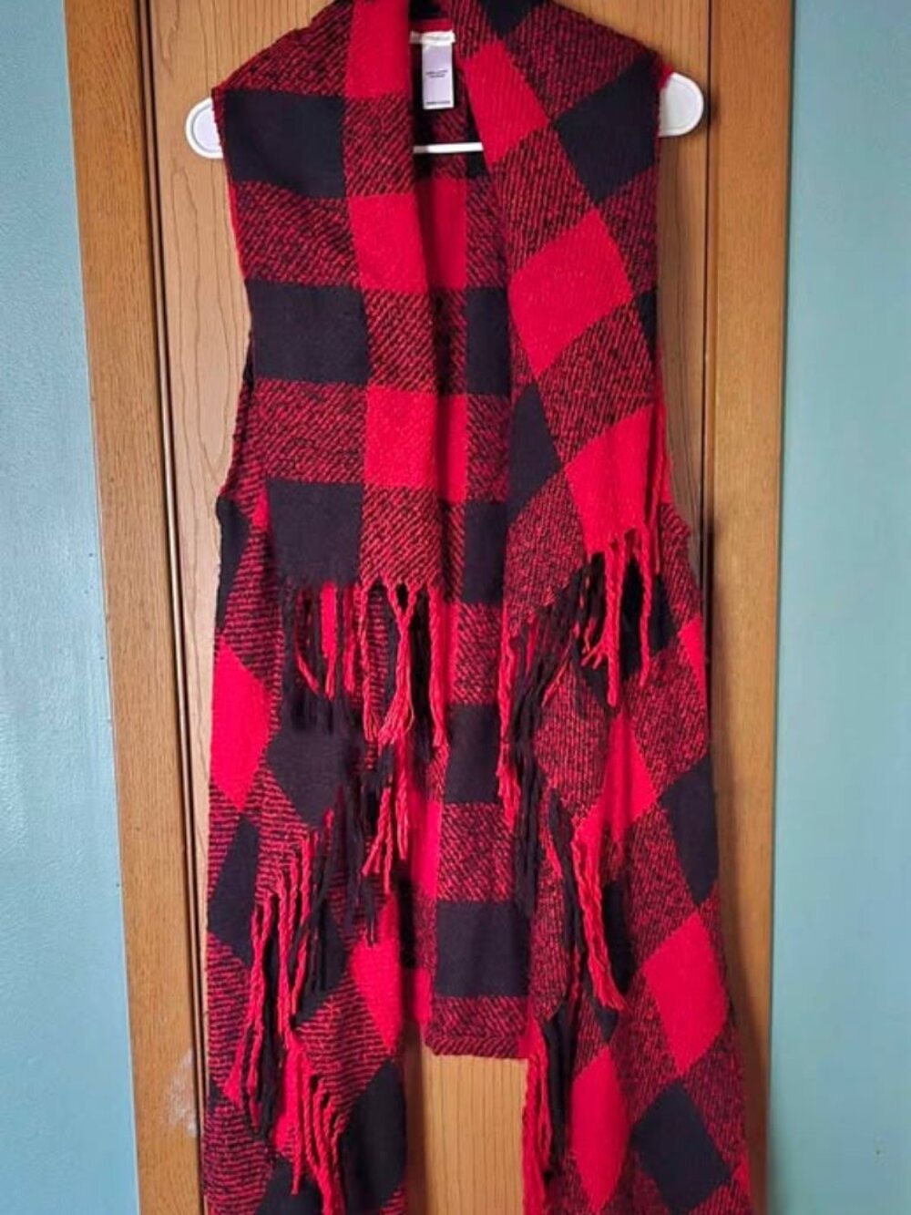 One Size Maurices Red & Black Buffalo Check Long Cardigan Vest